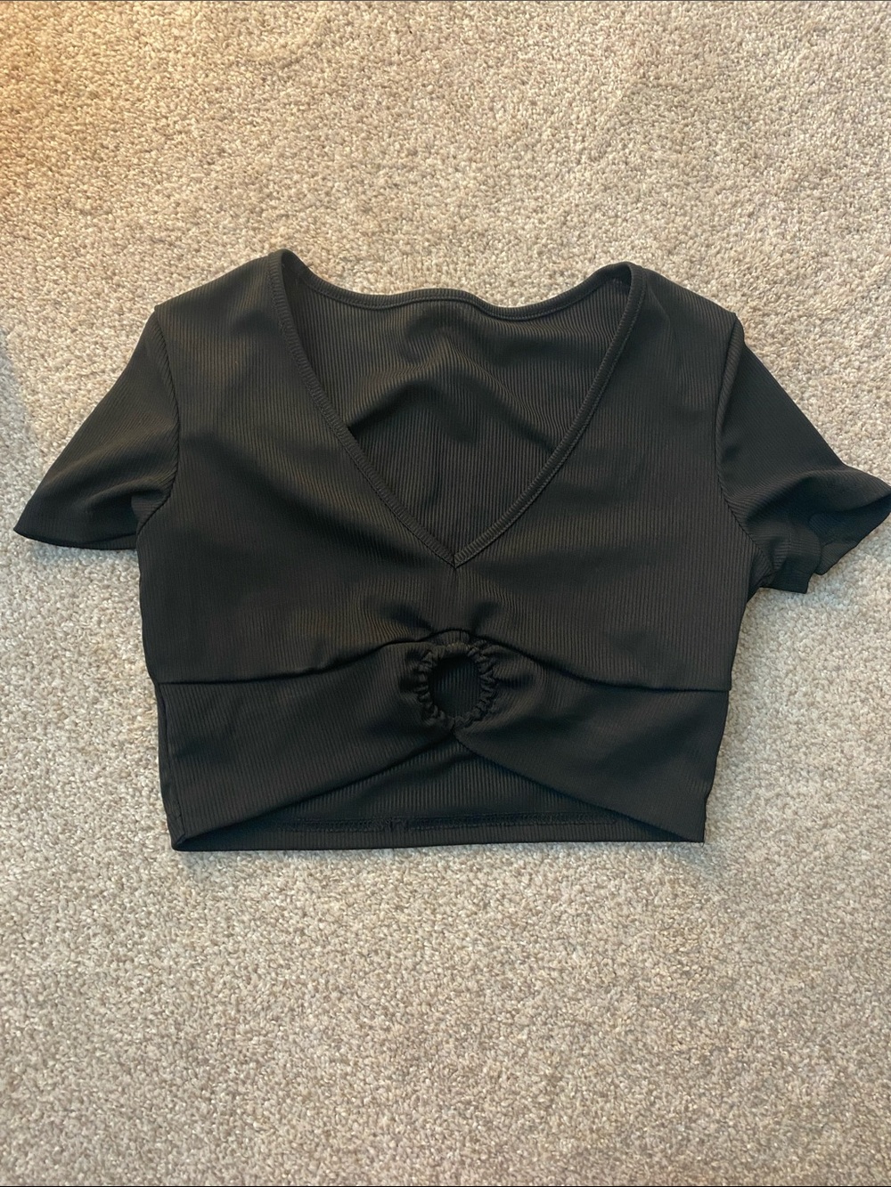 3/$20 V-Neck Short Sleeve Ruched Ring Crop Top - Black
